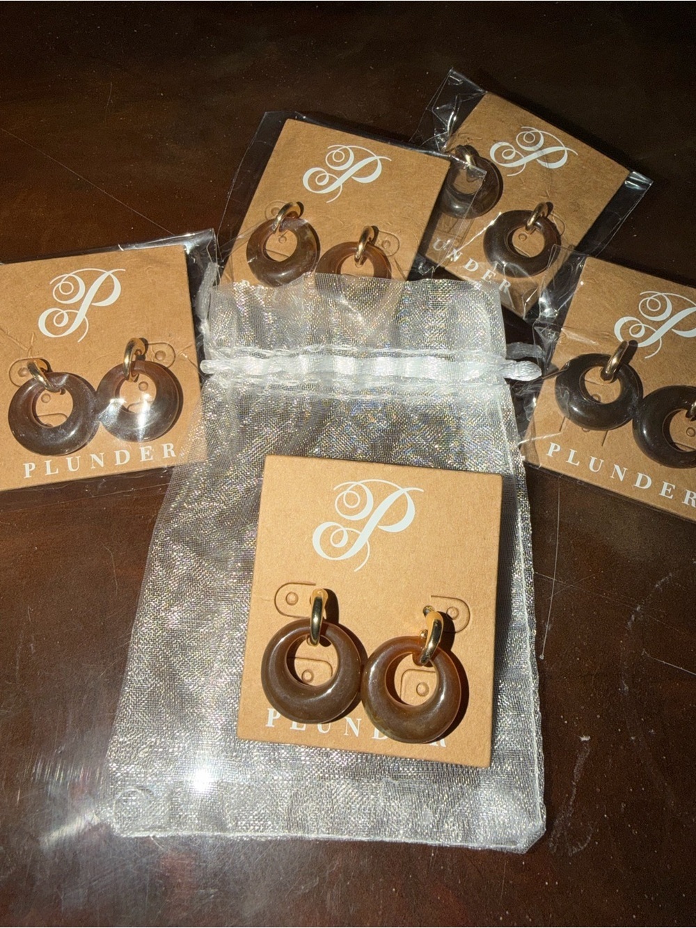 Plunder Gold-Trim Amber Brown Hoop Drop Earrings - Picture 2 of 2